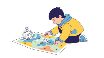 Fototapeta premium Young Explorer Plots Course With Compass And Map For Exciting Outdoor Adventure