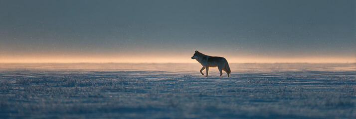 Lone Wolf in Wilderness: A solitary wolf strides purposefully across a vast, snow-covered expanse under a tranquil sky, embodying the raw essence of wilderness and the quiet majesty of nature.