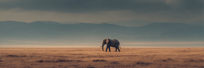 Solitary Elephant in Savanna: A majestic elephant stands alone in a vast savanna under a dramatic sky, evoking a sense of tranquility.