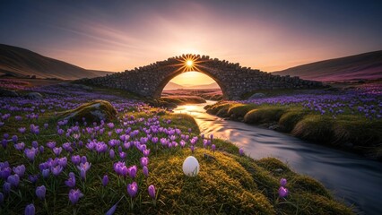 Stone Bridge at Dawn: An ancient stone bridge gracefully arches over a serene river, as the sun rises, casting a warm golden glow across the vibrant landscape of purple flowers and rolling hills.