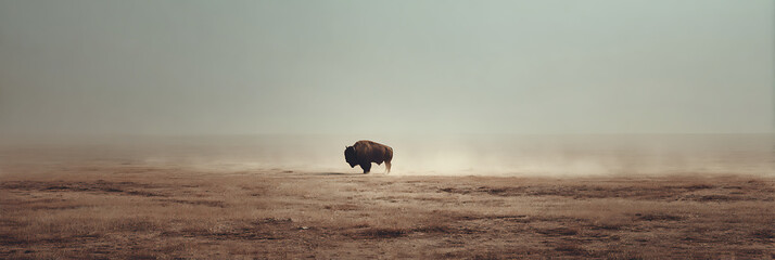The Majestic Bison: A lone bison traversing an expansive, misty plain, silhouetted against a moody sky, embodying strength and the vastness of the natural world. 