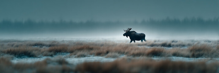 Moose in Misty Landscape: A majestic moose, its silhouette standing boldly in a misty landscape, navigates a serene natural environment, surrounded by subtle beauty and tranquility.