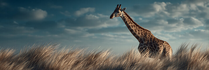 Giraffe Silhouette in Grasslands: A majestic giraffe stands tall amidst the golden grass against a stunning backdrop of a partly cloudy sky, embodying the essence of the wild