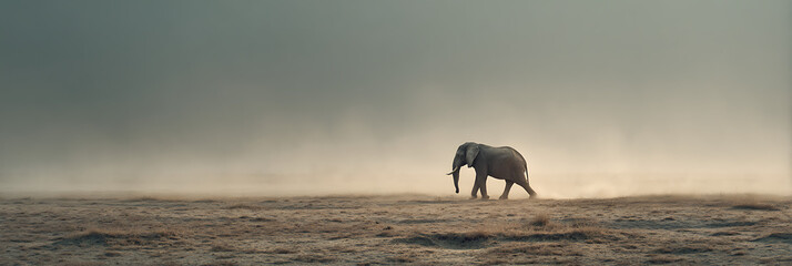 Solitary Elephant: An elephant traverses an expansive, dusty plain, its silhouette subtly highlighted by the soft light filtering through a hazy sky.
