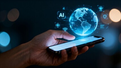 Hand holding smartphone with digital globe