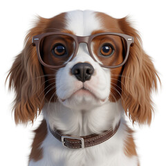 Cute tricolor dog with upright ears and expressive eyes wearing glasses isolated on white background in cartoon illustration