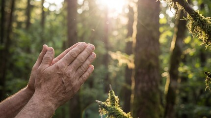 Golden sunlight illuminates a soulful gesture of hands, finding peace and spiritual connection deep within the vibrant, ancient forest