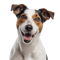 Joyful tricolor dog with upright ears and expressive brown eyes smiling isolated on white background in friendly portrait illustration