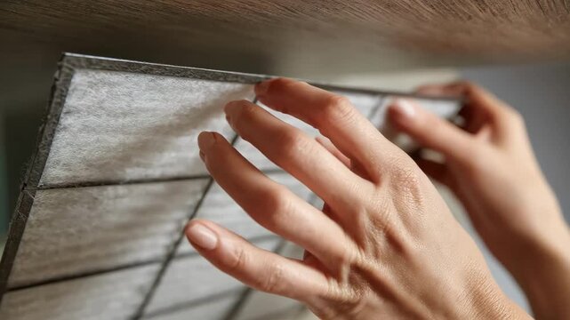 Closeup of hands installing a carbon HVAC filter highlighting odor control and chemical absorption in residential ventilation.