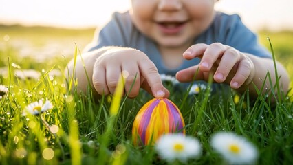 Easter Discovery: A curious toddler reaches towards a colorful easter egg nestled amongst vibrant spring grass, showcasing the simple joy of discovery and the beauty of the season.