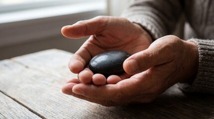 Close-up of weathered hands gently cupping a smooth, dark stone, evoking a sense of calm, mindfulness, and the quiet power of natural healing and grounding energy