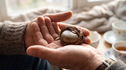 Close-up of gentle hands holding a beautifully wrapped stone, symbolizing a cherished keepsake or a comforting token of affection, exchanged in a warm, intimate home setting