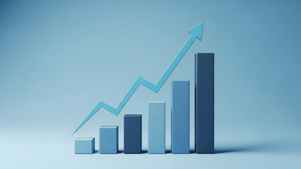 Business growth and financial success concept with increasing bar graph and upward trend line in blue tones