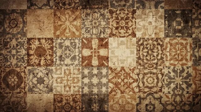 Aged floral tile patchwork creates vintage texture