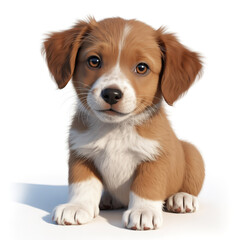 Adorable brown and white puppy with fluffy coat and expressive eyes sitting isolated on white background in cute portrait illustration