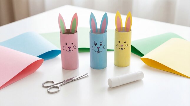 handmade easter bunnies made of toilet rolls and colored paper. diy craft tools on white table. spring holiday decoration. art class for kids concept. banner, website header with copy space.
