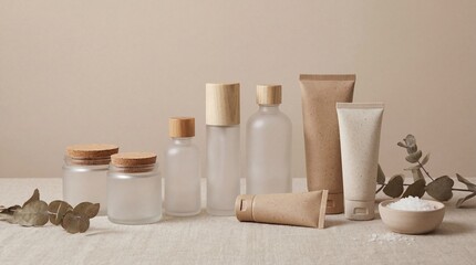 Sustainable and minimalist beauty product packaging with frosted glass jars, bottles, and eco-friendly kraft paper tubes for natural organic skincare lines