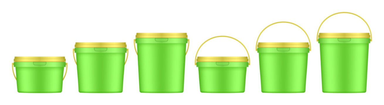 Green plastic buckets with yellow handle and lid. Vector mockup of a food or building mixtures packaging. A bucket of paint or putty. Small, medium and large sizes