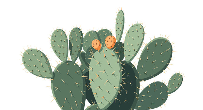 Clump of green prickly pear cactus pads with sharp spines and orange fruit is illustrated in a naturalistic botanical style.