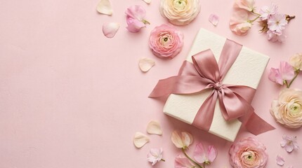 white gift box with satin ribbon bow and spring flowers on pink background. ranunculus and petals. romantic holiday present. mother's day celebration. greeting card, banner with copyspace.
