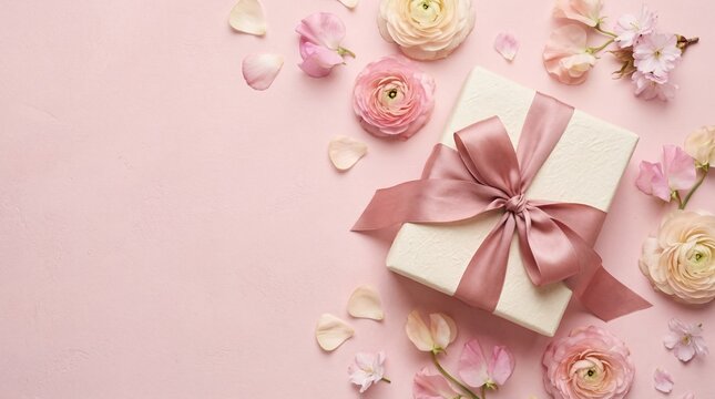 white gift box with satin ribbon bow and spring flowers on pink background. ranunculus and petals. romantic holiday present. mother's day celebration. greeting card, banner with copyspace.