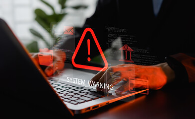 Cyber attack concept with hacker at computer, programmer coding on laptop, firewall and server security, privacy protection, software defense and cyberspace technology threat.