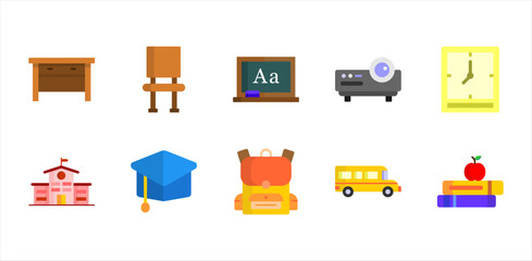 School classroom object icons pack for education activity