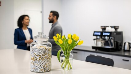 Coffee Break Corner: Two business colleagues engage in a friendly conversation near a vibrant bouquet of yellow tulips and a modern coffee machine.