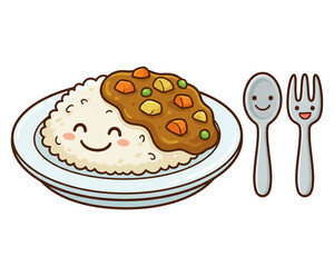 Cartoon illustration of curry rice for breakfast, suitable for working people.