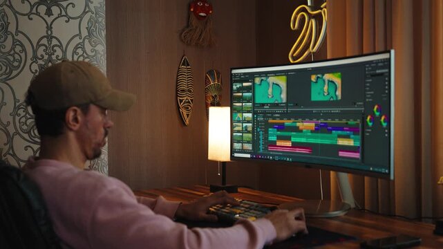 Videography expert editing video footage in post production agency house, improving montage quality on creative software. Video editor working on movie or film lighting, filmmaking industry.
