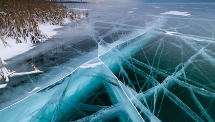 Dramatic turquoise ice formations with intricate crack patterns across pristine frozen lake surface during winter