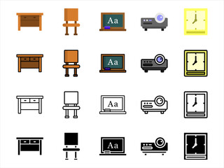 School classroom furniture icons pack for education learning