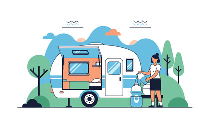 Woman Replenishing Water Supply at Recreational Vehicle During Summer Trip