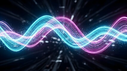 Vibrant neon glowing wave pattern with fluid motion and abstract energy on a dark digital background