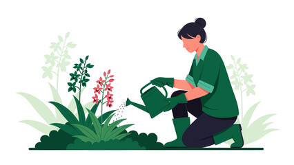 Woman Taking Care Of Plants In The Garden And Watering Flowers Illustration