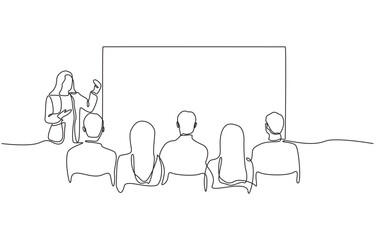 Continuous one line drawing of businesswoman giving presentation to audience at seminar, symbolizing business meeting, single line art.