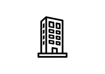 Vector illustration of a building Minimalist black outline icon of a tall office building, featuring multiple rectangular windows and a ground-level entrance.