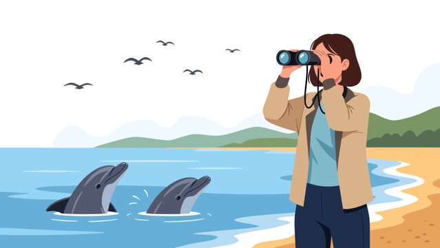 Woman Watching Dolphins Through Binoculars On A Beach Landscape View