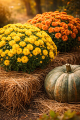 pumpkins and flowers in the garden