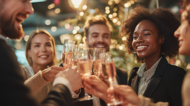 Corporate Year-End & Holiday Office Culture, Successful Corporate Team Sharing Holiday Toast At Year End Office Party With Warm Festive Energy