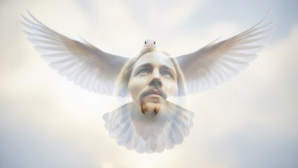 Jesus Christ and the Holy Spirit in the form of a white dove. Double exposure. A symbol of the Baptism of Jesus. Religious concept of the Trinity or Ascension in Christianity and faith-related design.