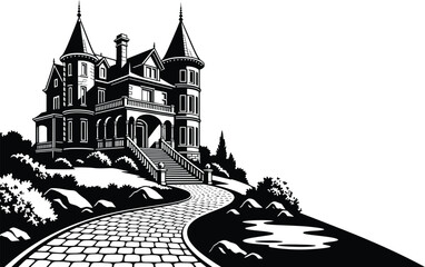 A vintage black and white engraving of a Victorian mansion architecture with turrets and a stone path on a hill landscape for graphic design. © MstBaby