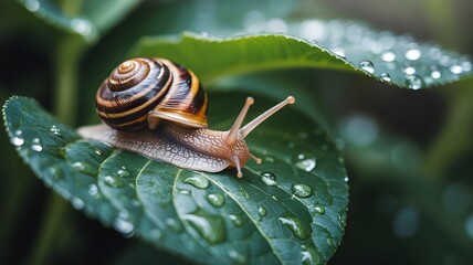 Snail sitting on a wet green leaf in pageant of nature page