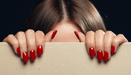 Mysterious woman with glossy red manicured nails gripping blank paper edge against dark moody background
