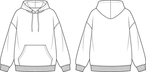 Front and back hoodie technical drawing, blank hooded sweatshirt outline, apparel fashion template, casual streetwear clothing design, vector line art illustration