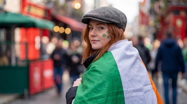 Young woman celebrating St. Patrick's Day with Irish flag and shamrocks on her face