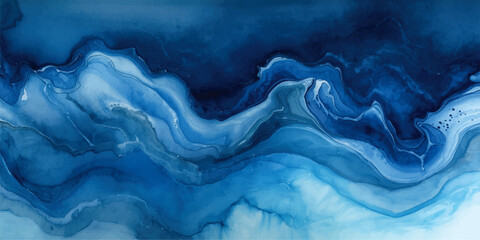 Colorful ink swirl in blue, pink, and orange creating a dynamic.Abstract blue and white flowing waves resembling ocean currents or mountainous landscape.