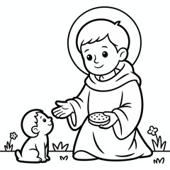 Young boy feeding a puppy isolated on white background, Vector, illustration