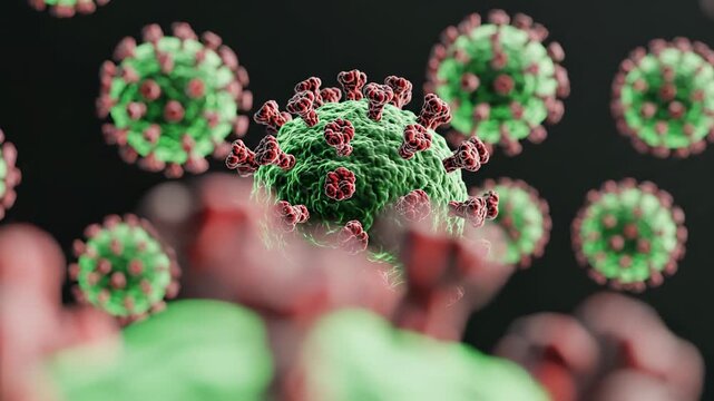 Close up view of microscopic virus structure moving and focusing. Biotechnology and biology science for disease research.