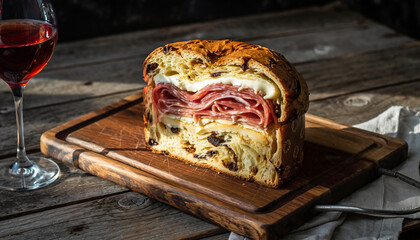 Artisanal Savory Panettone Gastronomico Layered with Cured Meats and Cheese on Rustic Wooden Board